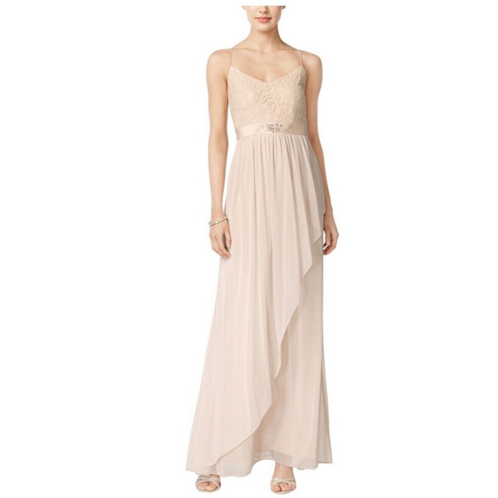 NWT Adrianna Papell Women's 4 Sleeveless Lace Stretch Tulle Gown Maxi Dress NEW